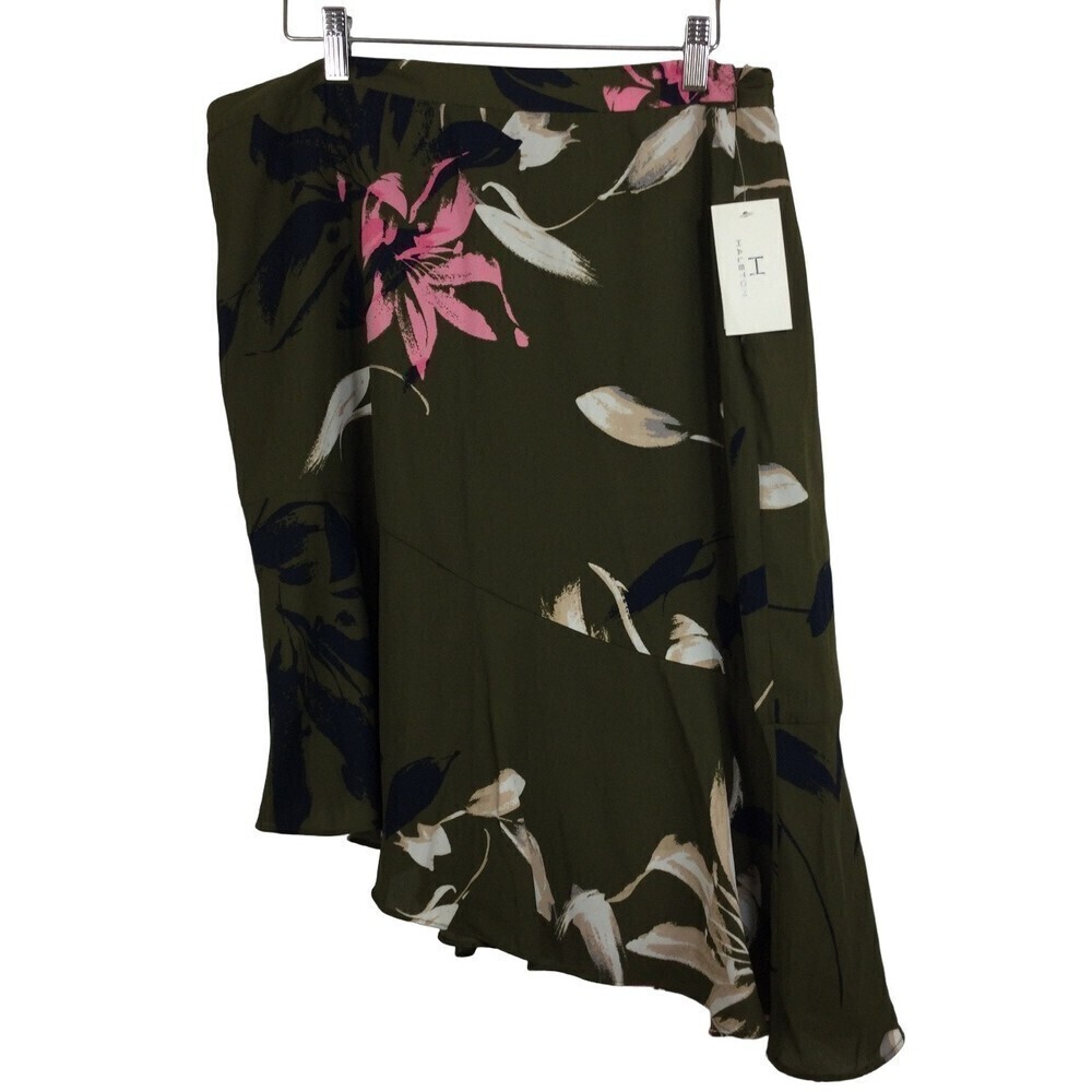 Halston Womens Floral A-Line Asymmetric Ruffle Hem Skirt Green Lily Size 12 NWT